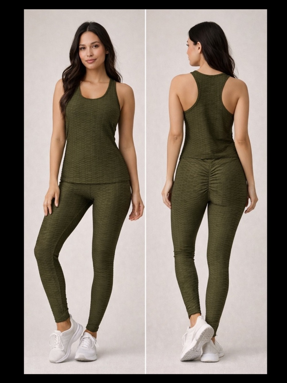Women’s Olive Green Butt Lifting Textured Leggings & Tank Set Size Small S/M
